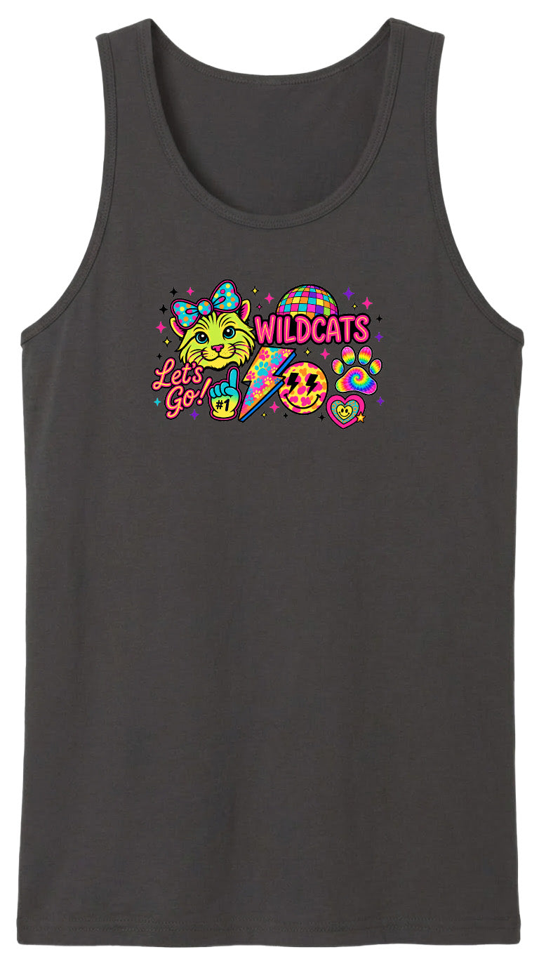 A black tank top with a colorful graphic design featuring a cartoon cat, a lightning bolt, and various other elements.