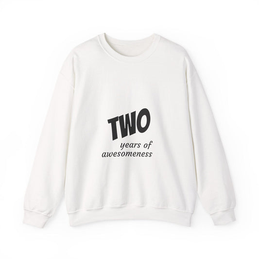 2 Years of Awesomeness Crewneck Sweatshirt Sweatshirt Printify White S waterproof vinyl sticker. dishwasher safe outdoor sticker.
