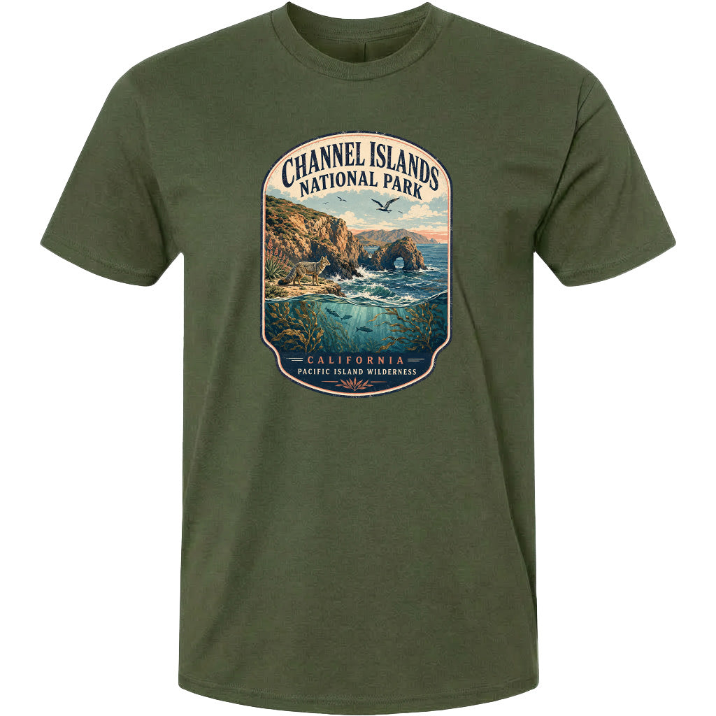 A t-shirt design featuring a scenic landscape with a coastal area, mountains, and a body of water.