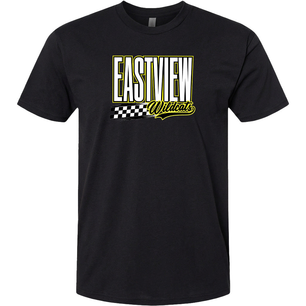 A black t-shirt with a graphic design featuring the text "EASTVIEW Wildcats" in yellow and white.