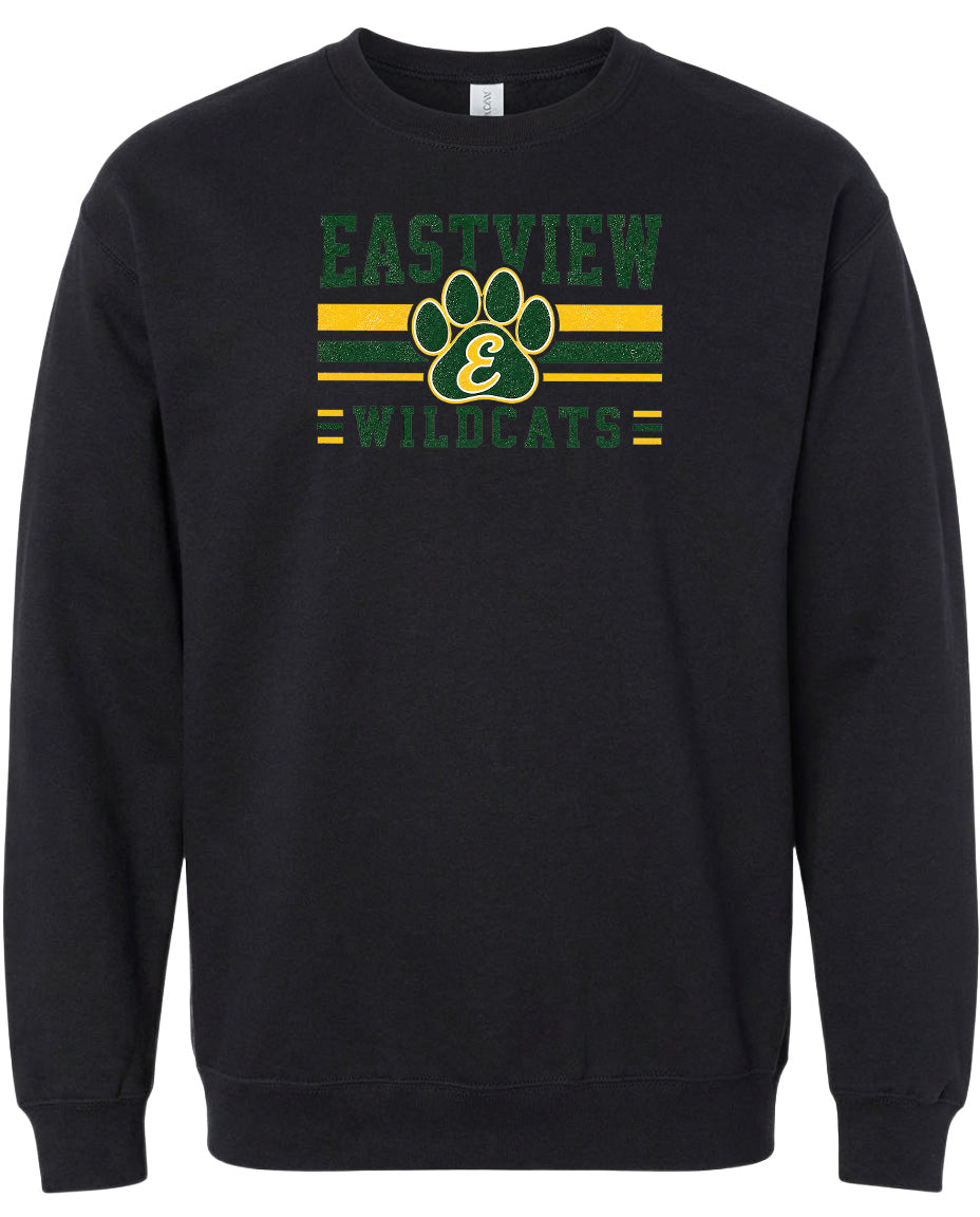 A black sweatshirt with a graphic design featuring the text "EASTVIEW WILDCATS" and a paw print symbol.