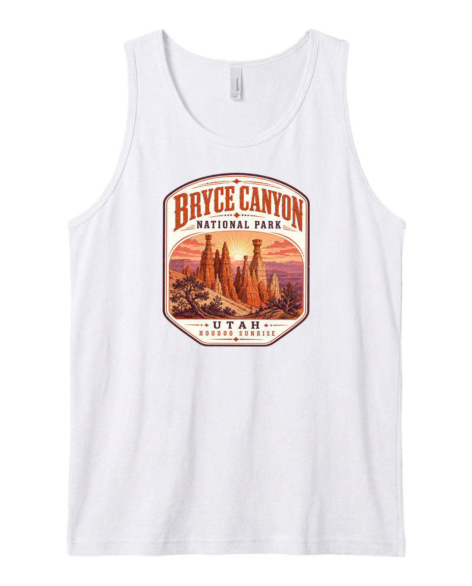 A white tank top with a graphic design depicting Bryce Canyon National Park in Utah.