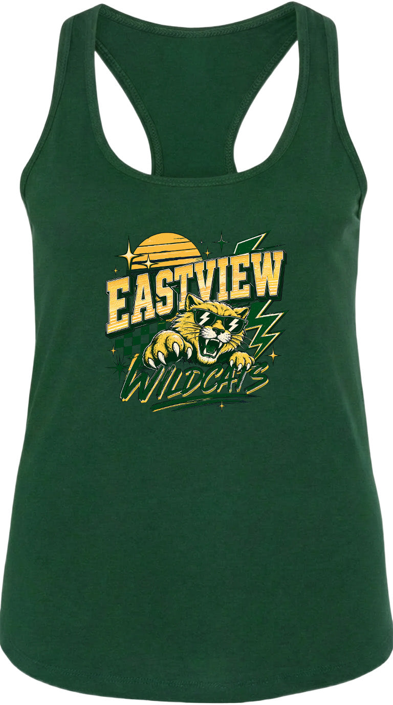 A green tank top with a graphic design featuring a cat and the text "EASTVIEW WILDCATS".