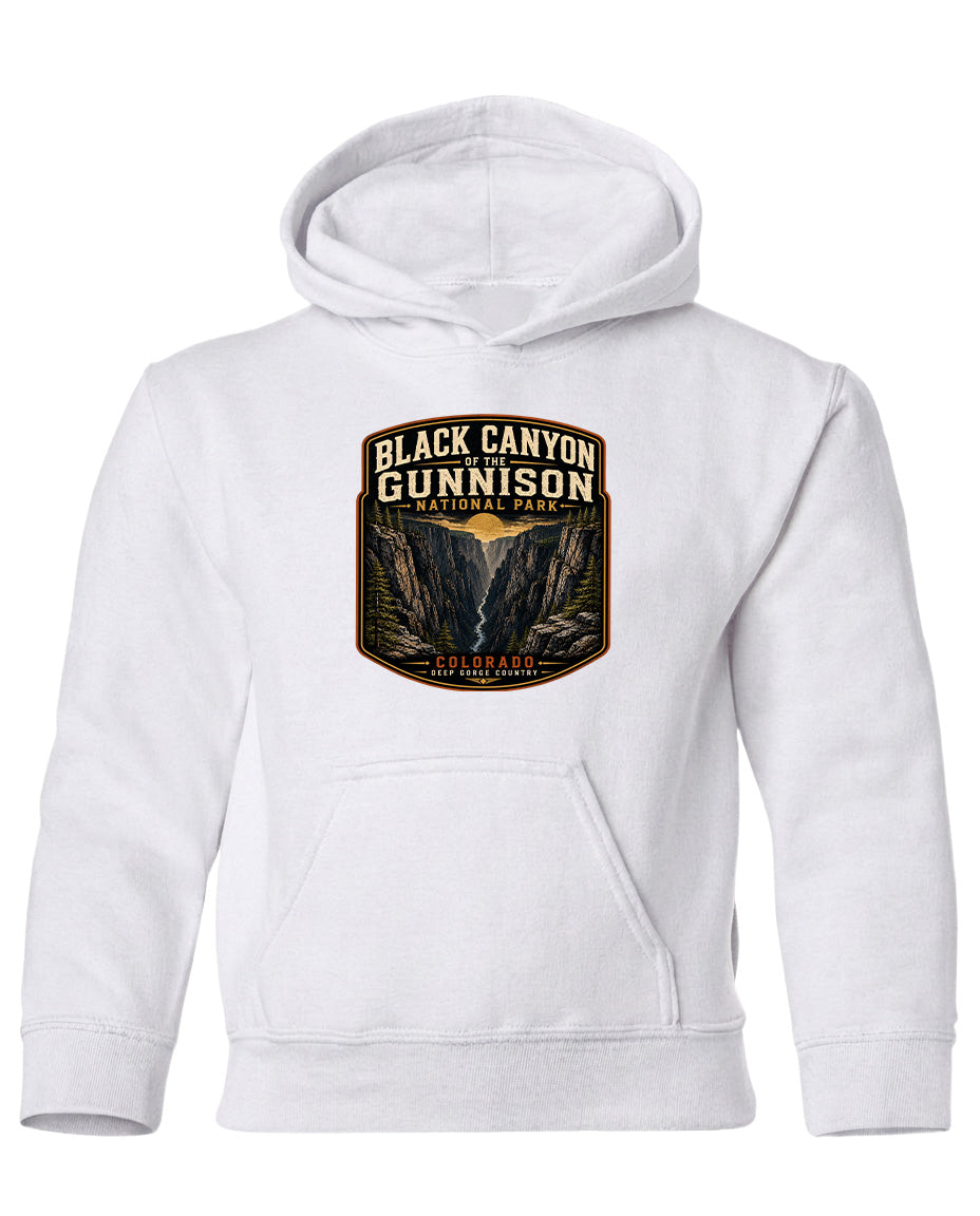 A white hoodie with a graphic design depicting the Black Canyon of the Gunnison National Park.