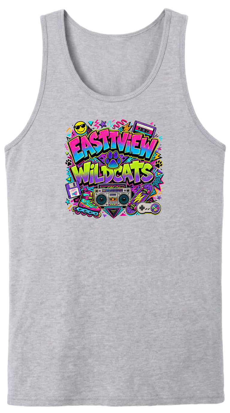 A gray tank top with a colorful graphic design featuring the text "EASTVIEW WILDCATS" surrounded by various icons and symbols, such as a boombox, cassette tape, and other retro-style elements.