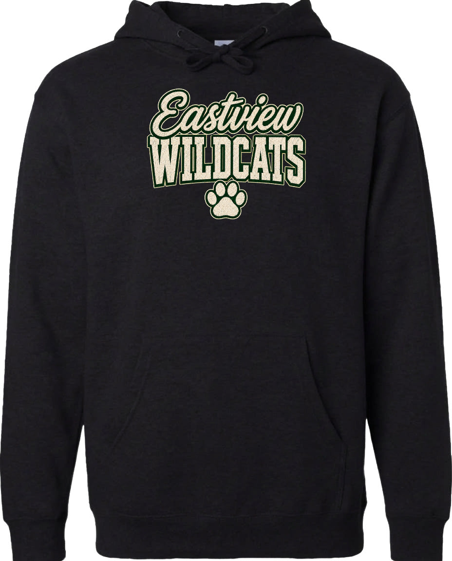 A black hoodie with the text "Eastview Wildcats" printed on it.