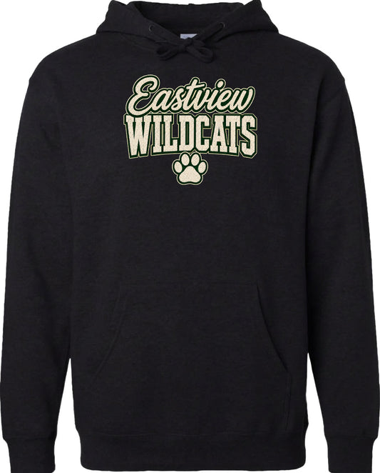 A black hoodie with the text "Eastview Wildcats" printed on it.