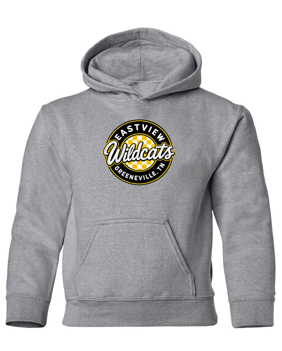 A gray hooded sweatshirt with a logo on the front.