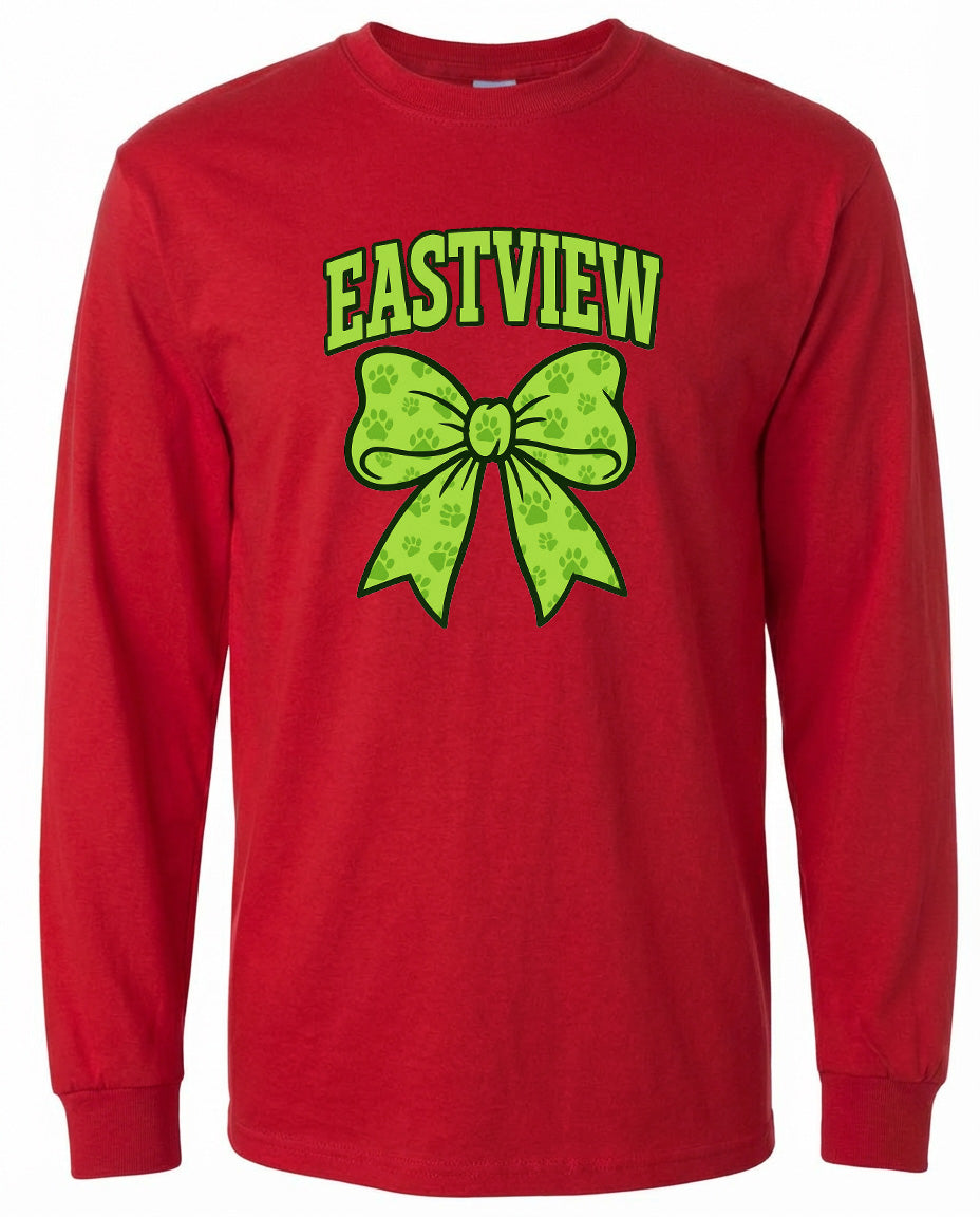 A red long-sleeved t-shirt with a green bow and paw prints printed on it.