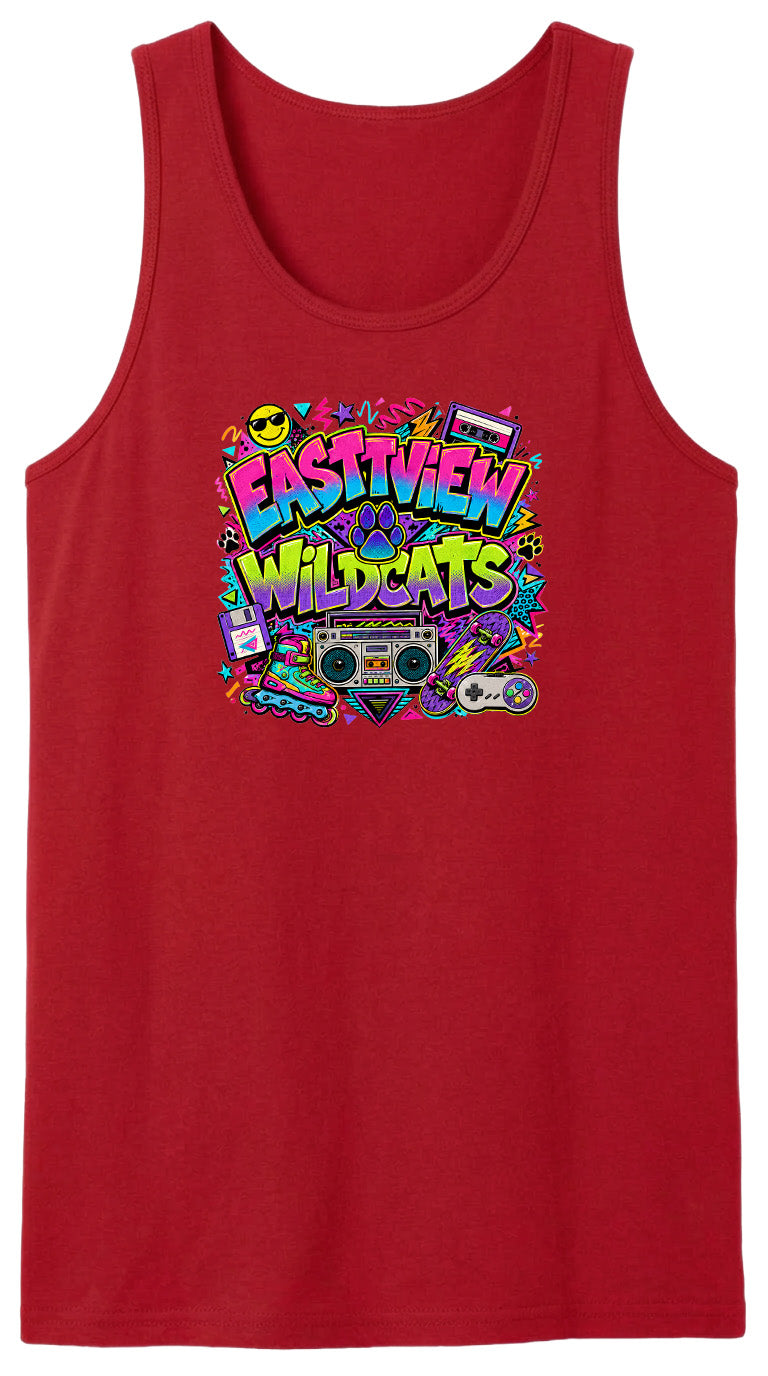 A red tank top with a colorful graphic design featuring the text "EASTVIEW WILDCATS" surrounded by various icons and symbols, such as a boombox, cassette tape, and other retro-style elements.