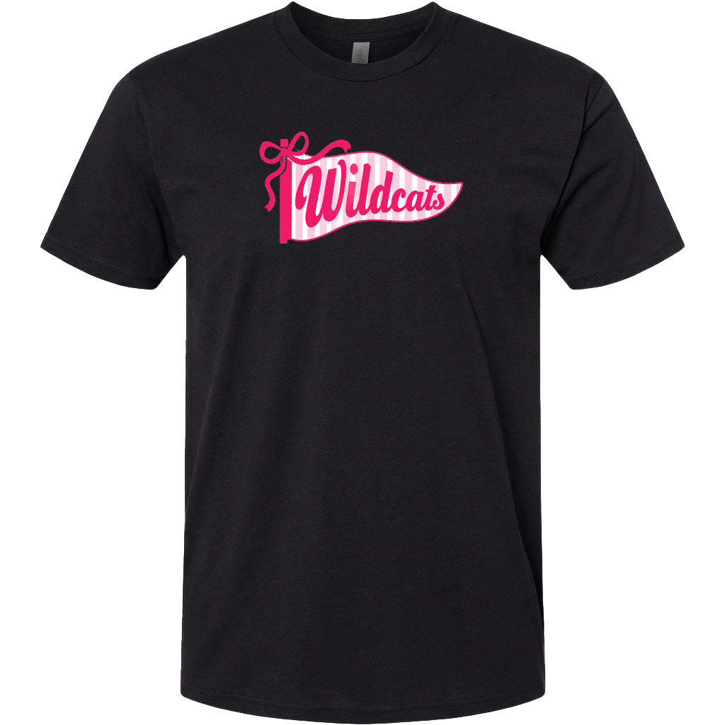 A black t-shirt with a pink and white graphic design featuring the word "Wildcats" on it.
