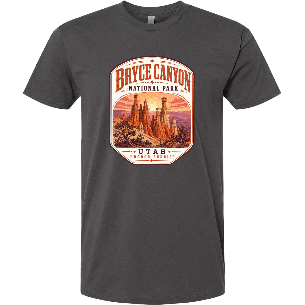 A gray t-shirt with a graphic design depicting the Bryce Canyon National Park in Utah.