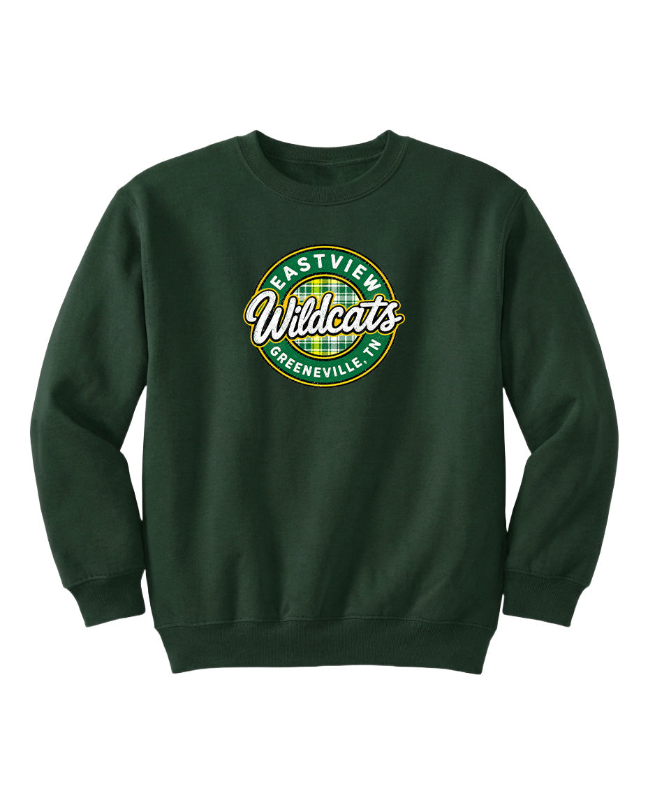 A dark green sweatshirt with a circular logo on the front.
