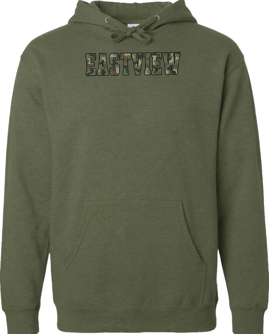 A green hoodie with the word "EASTVIEW" printed on it.