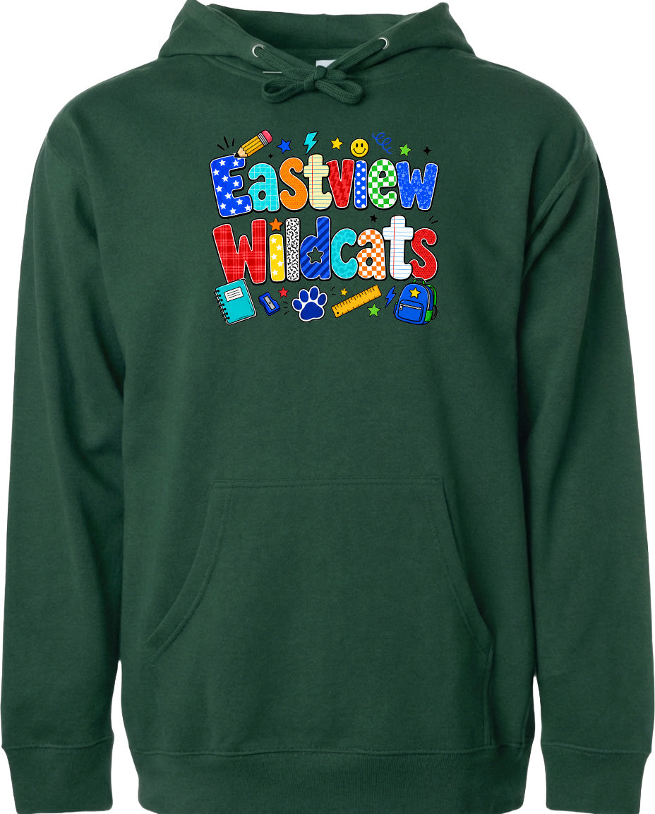 A green hoodie with a colorful graphic design featuring the text "Eastview Wildcats" and various school-related icons such as a pencil, backpack, and calculator.