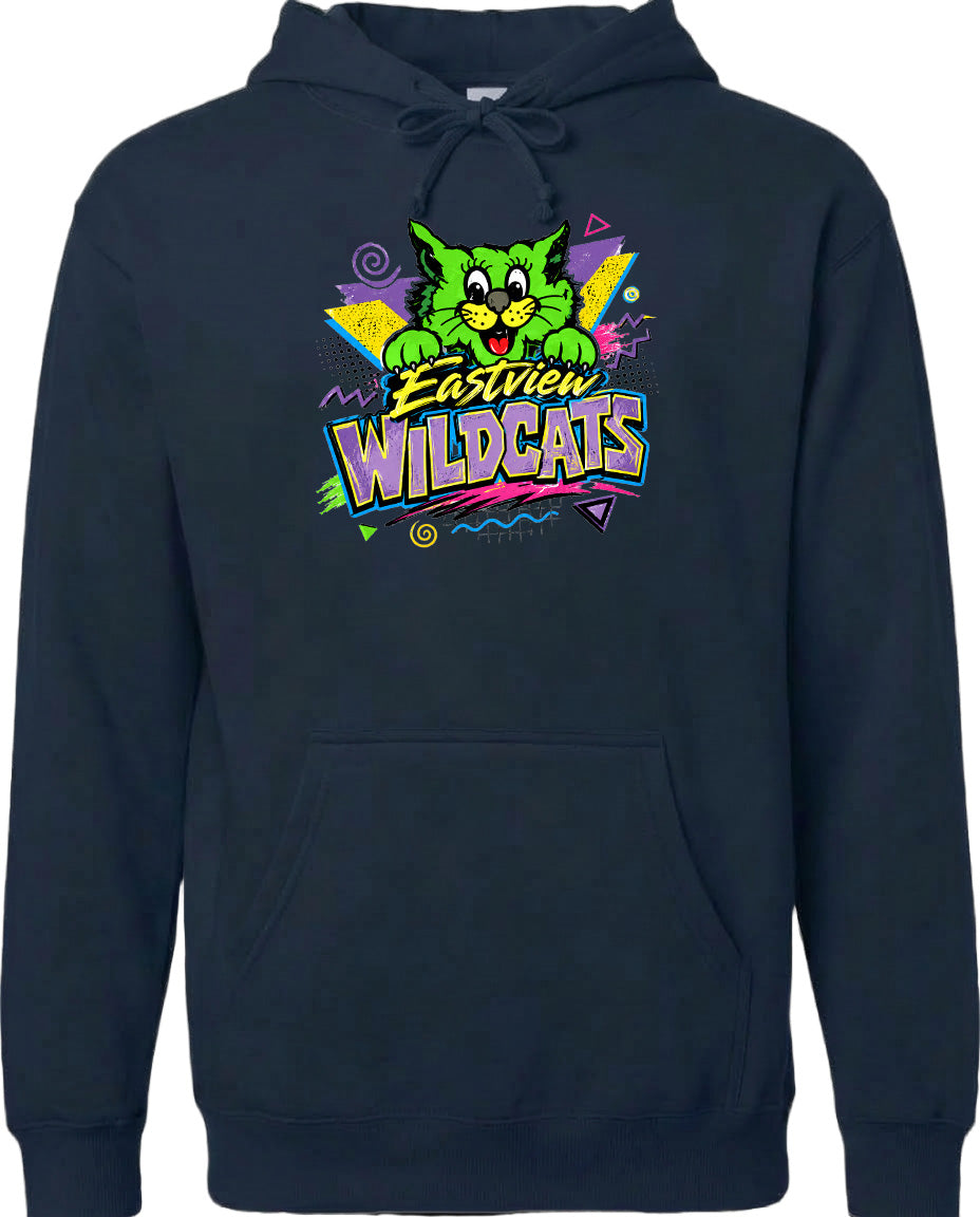 A navy blue hoodie with a colorful graphic design featuring a cartoon cat and the text "Eastview Wildcats".