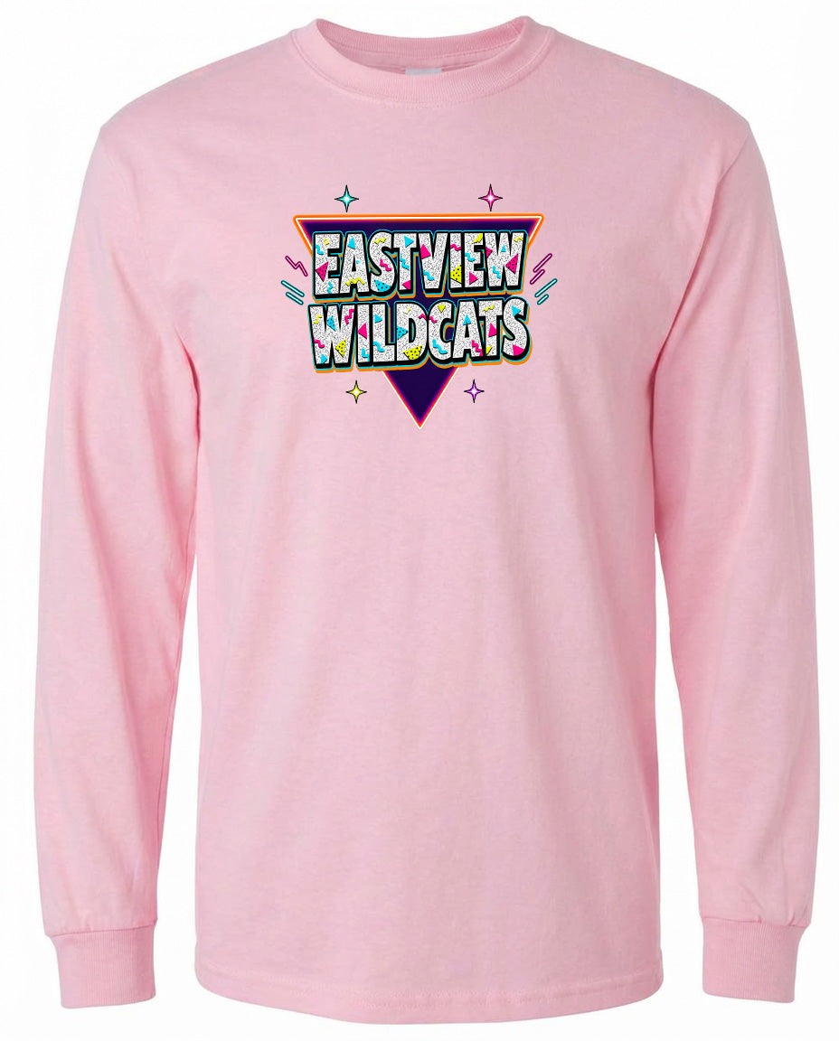 A pink long-sleeved t-shirt with a colorful graphic design featuring the text "EASTVIEW WILDCATS" in a retro style.