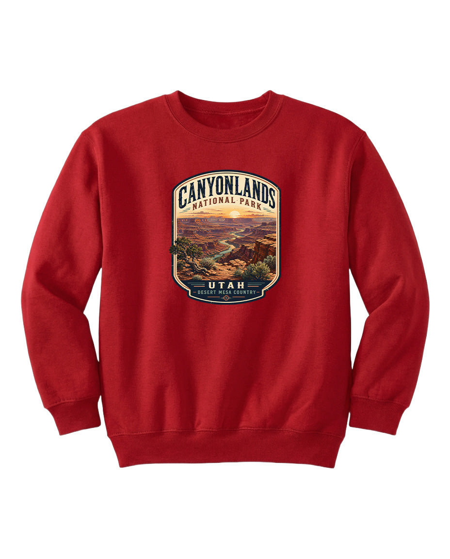 A red sweatshirt with a graphic design depicting the scenic landscape of Canyonlands National Park in Utah.