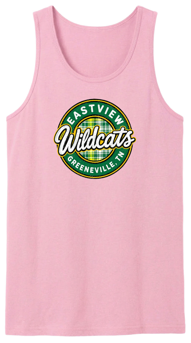 A pink tank top with a circular logo that says "Eastview Wildcats Greeneville, TN".
