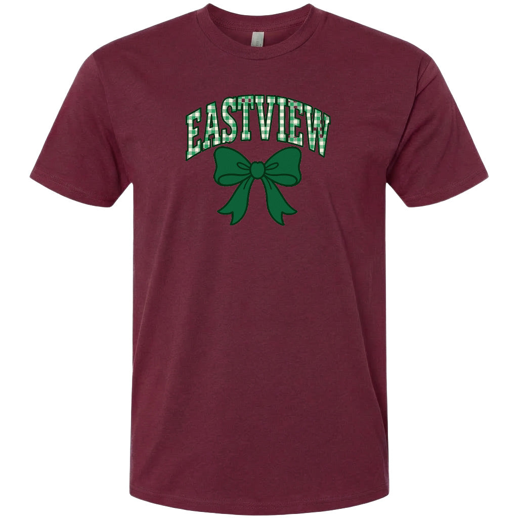 A burgundy-colored t-shirt with a green bow and the word "EASTVIEW" printed on it.