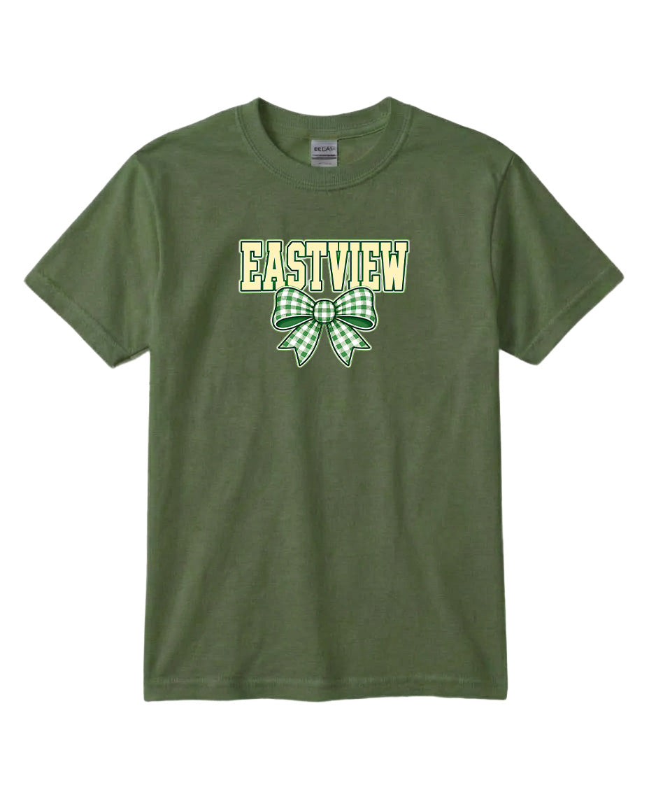 A green t-shirt with the text "EASTVIEW" and a bow graphic printed on it.