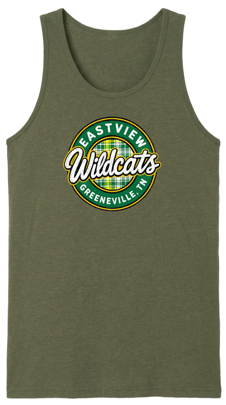 A green tank top with a circular logo that says "EASTVIEW Wildcats Greeneville, TN".