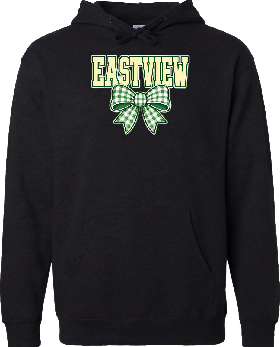 A black hoodie with a green and white bow on the front.