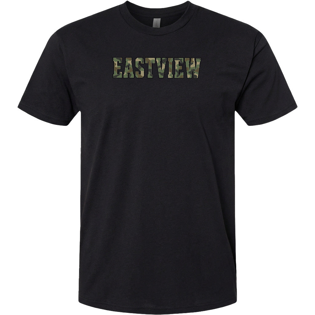 A black t-shirt with the word "EASTVIEW" printed on it in a camouflage pattern.