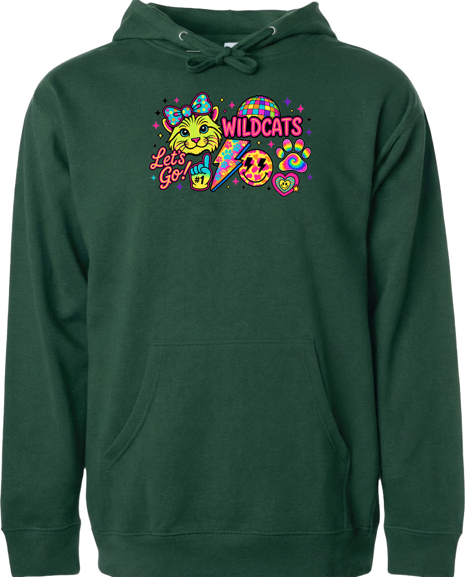 A green hoodie with a colorful graphic design featuring a cat, a rainbow, and various other elements.