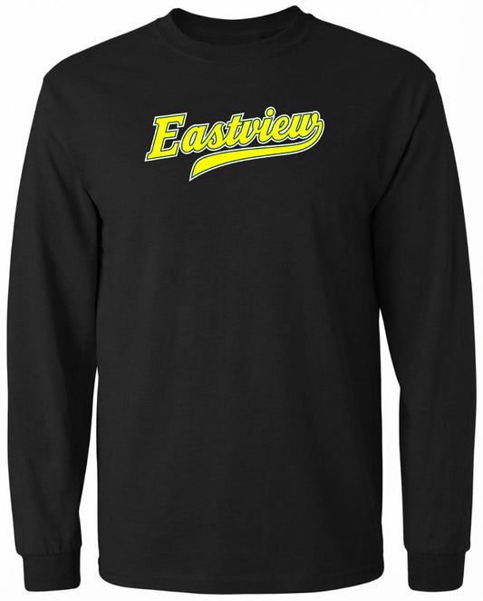 A black long-sleeved shirt with the word "Eastview" printed in yellow on the front.