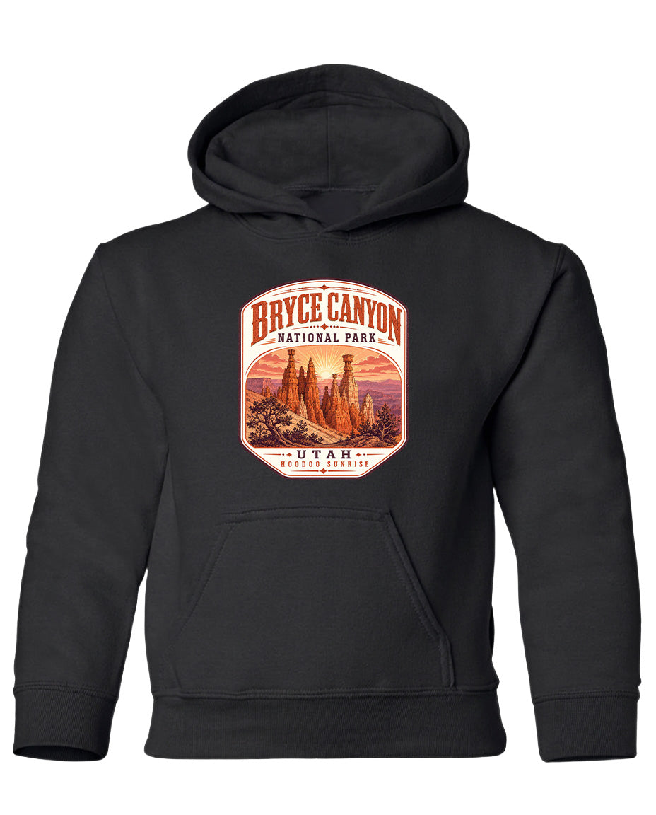 A black hoodie with a graphic design depicting Bryce Canyon National Park and Utah.