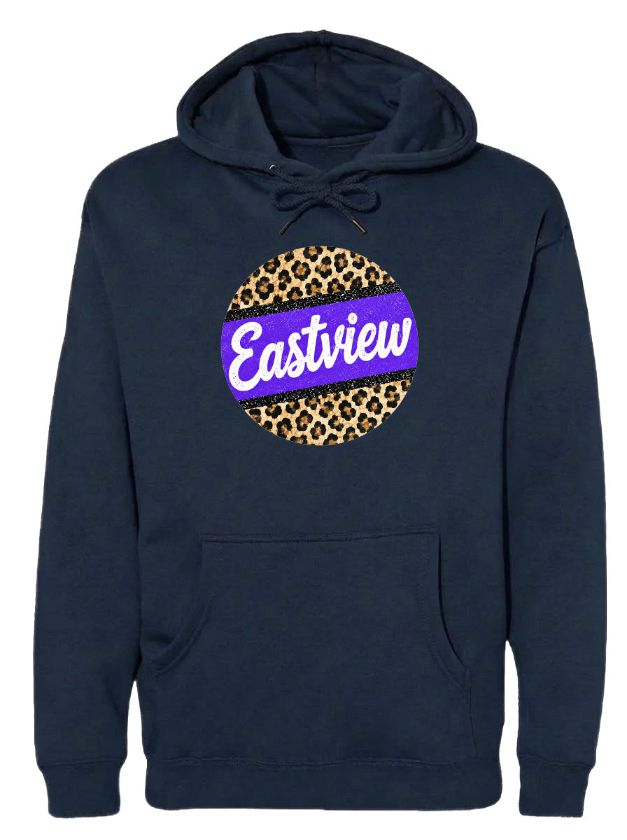 A navy blue hoodie with a leopard print design and the word "Eastview" printed on it.