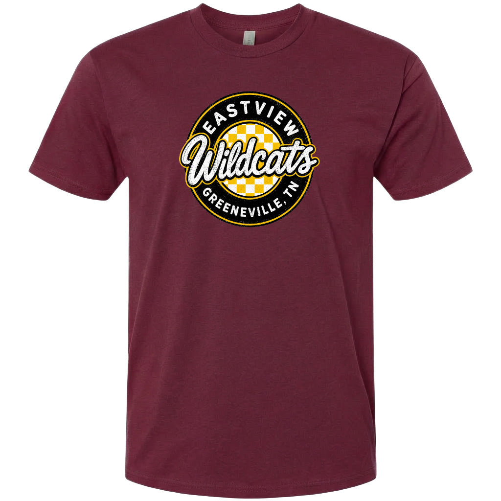 A burgundy-colored t-shirt with a circular logo that says "EASTVIEW Wildcats Greeneville, TN".