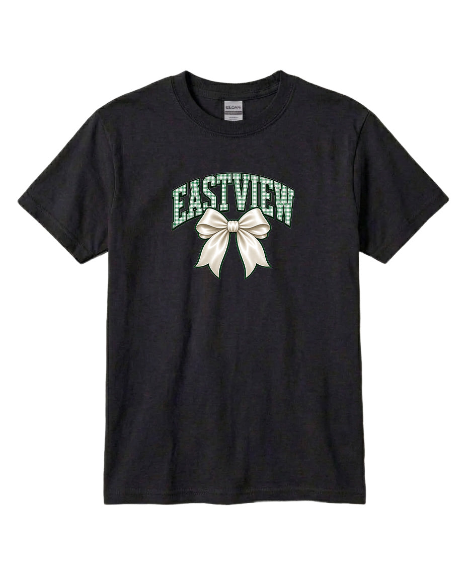 A black t-shirt with a graphic design featuring a white bow and the word "EASTVIEW" printed on it.