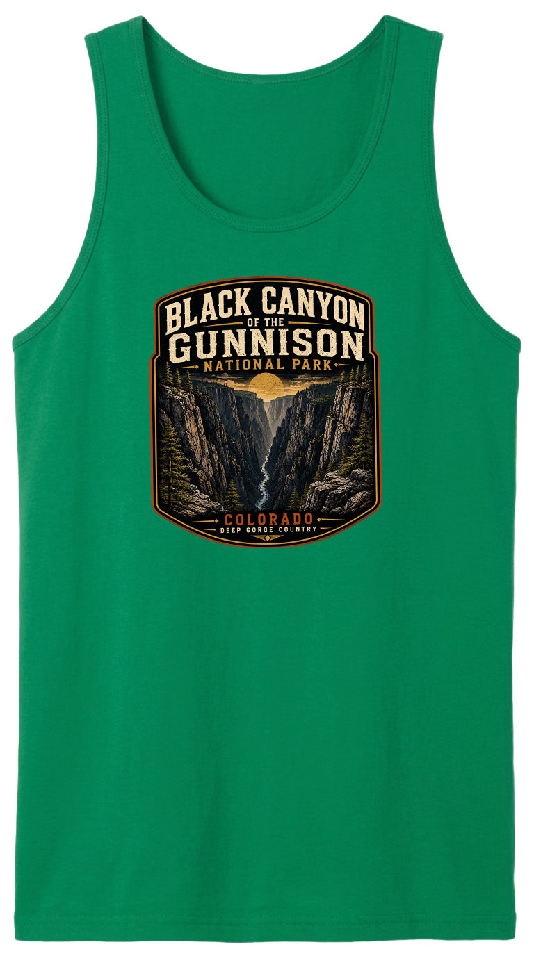 A green tank top with a graphic design depicting the Black Canyon of the Gunnison National Park in Colorado.