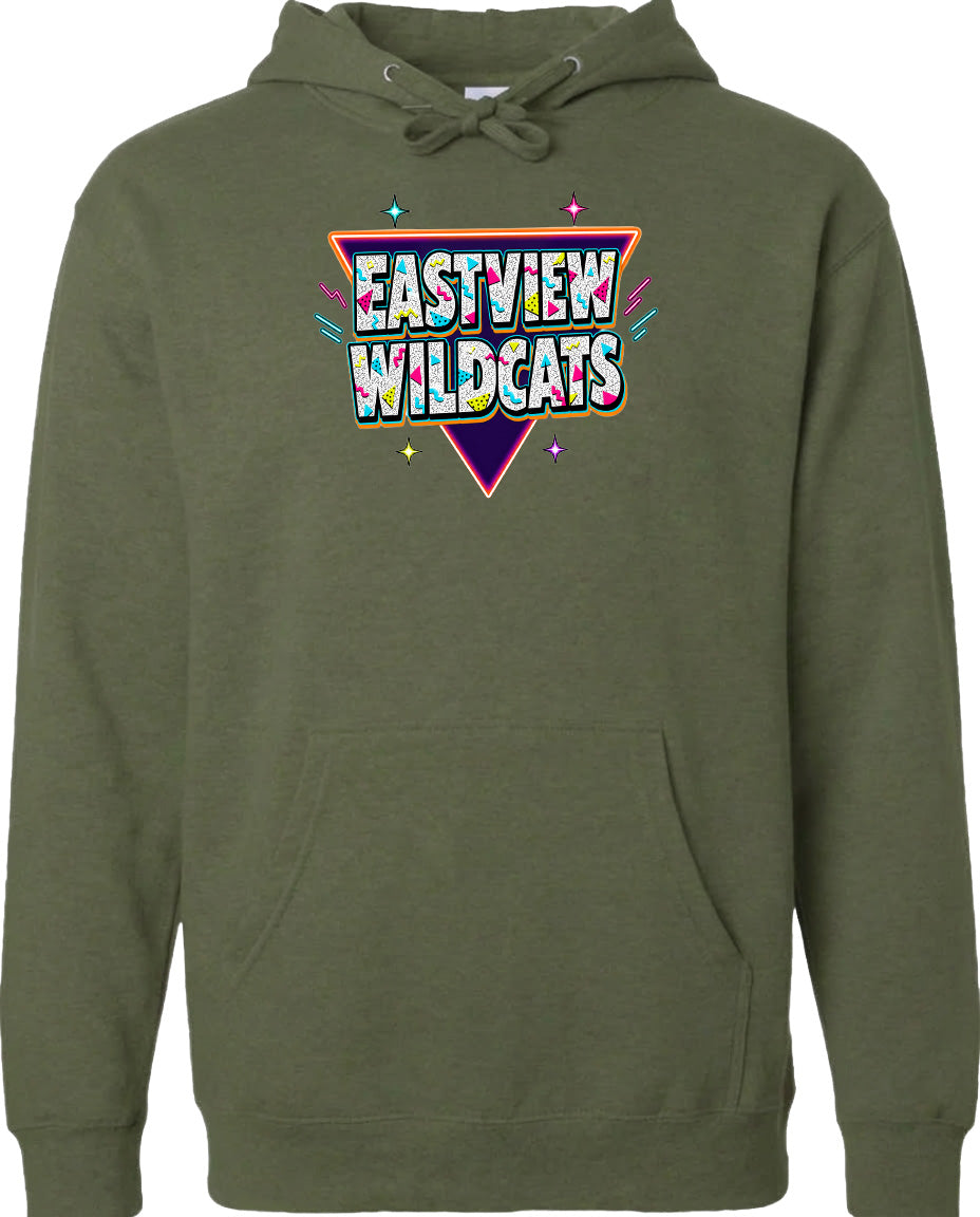 A green hoodie with a colorful graphic design featuring the text "EASTVIEW WILDCATS" in a retro style.