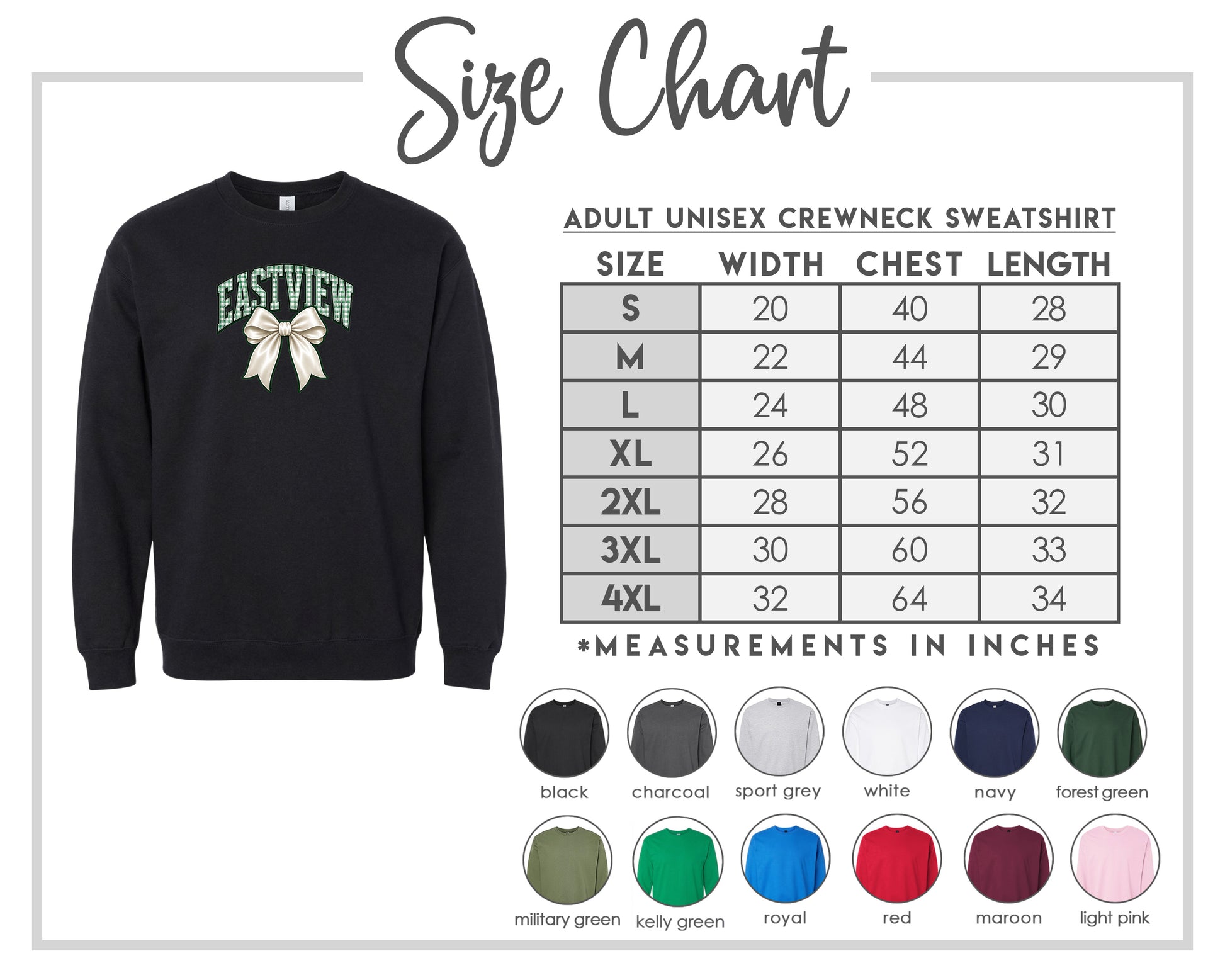 The image is a size chart for an adult unisex crewneck sweatshirt. It includes a black crewneck sweatshirt with a bow on the front, along with a table of size measurements and corresponding colors for different sizes.