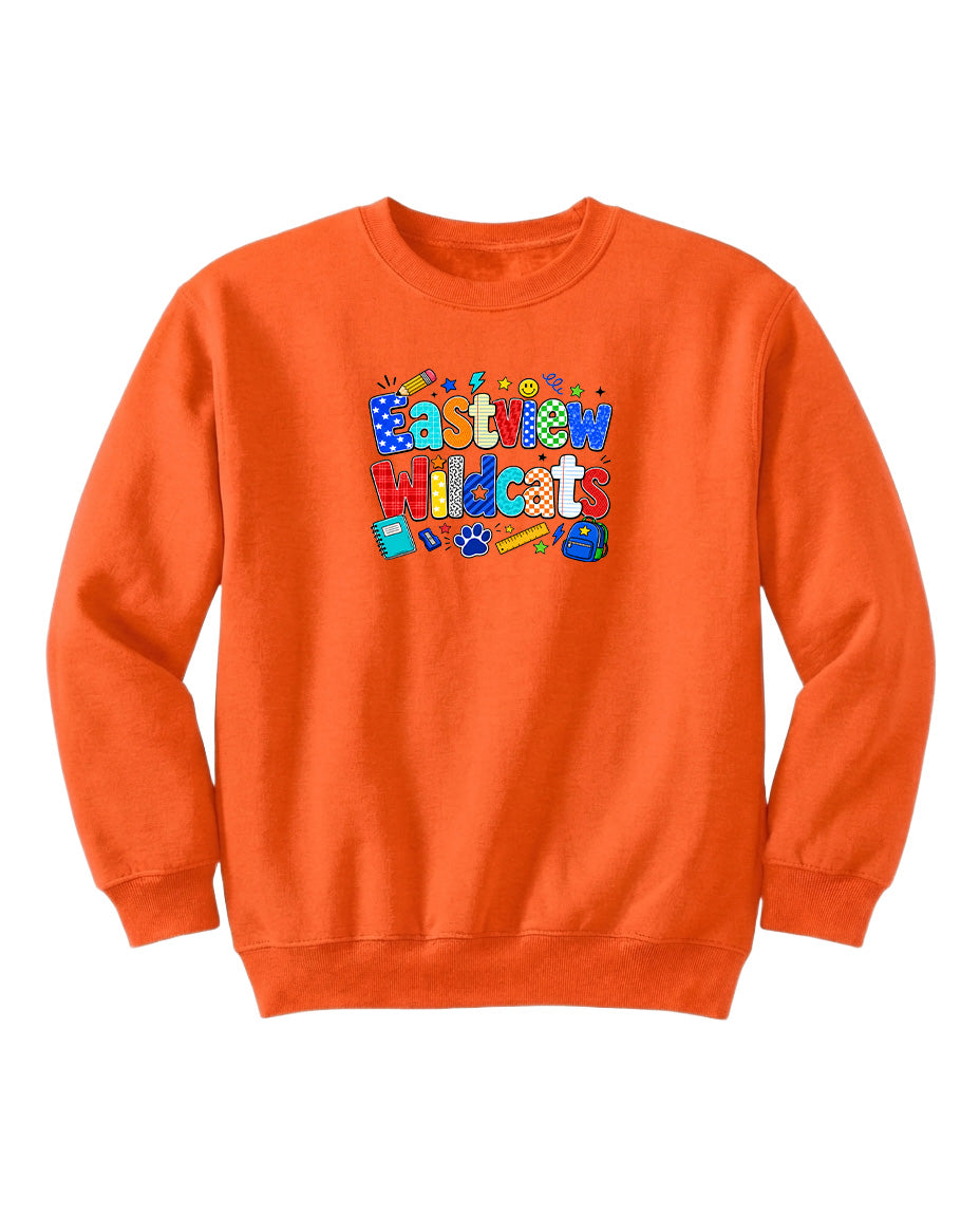 An orange sweatshirt with a colorful graphic design on the front.