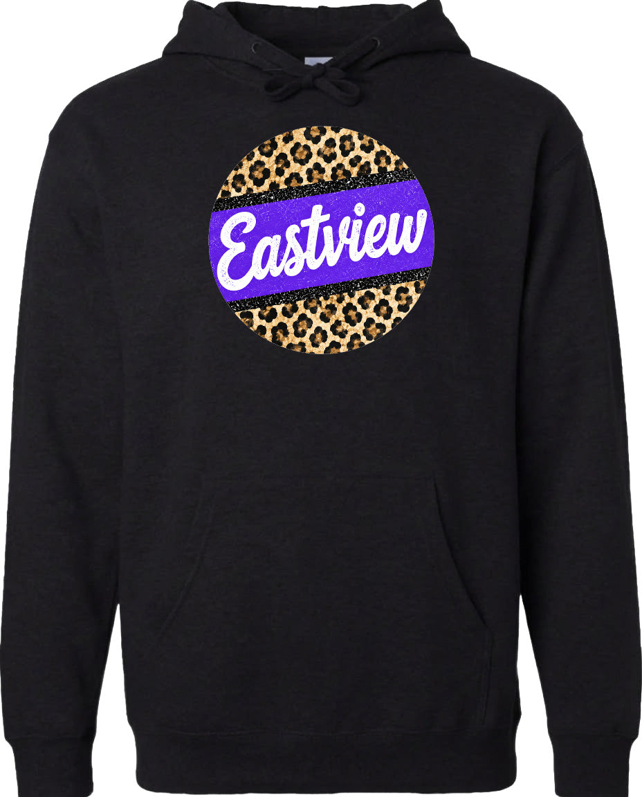 A black hoodie with a leopard print design and the word "Eastview" printed on it.