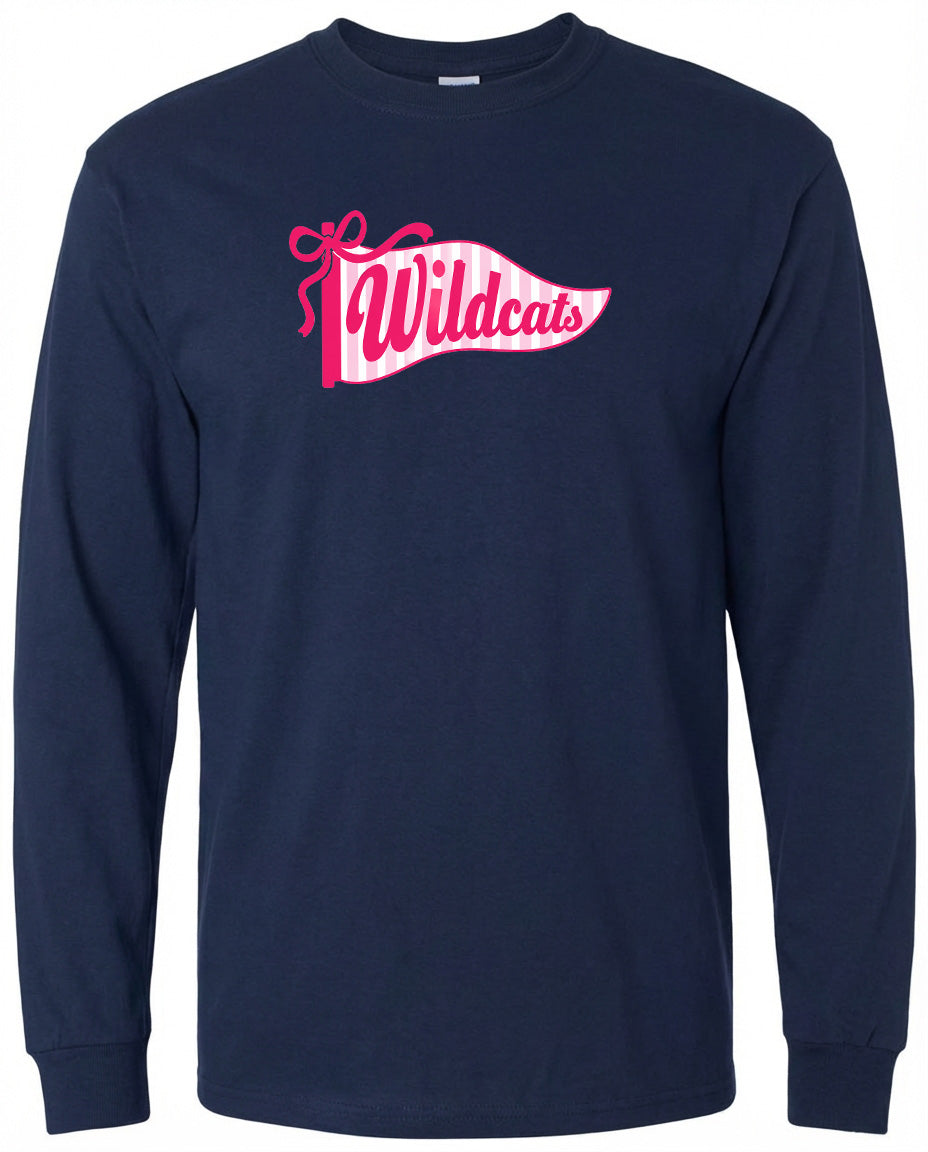 A navy blue long-sleeved shirt with a pink and white banner design featuring the word "Wildcats" in a stylized font.