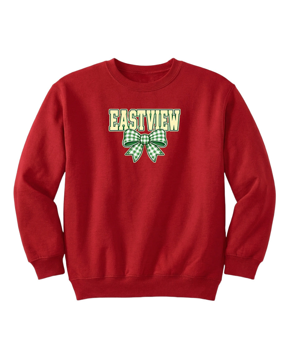 A red sweatshirt with the word "EASTVIEW" and a green bow on the front.