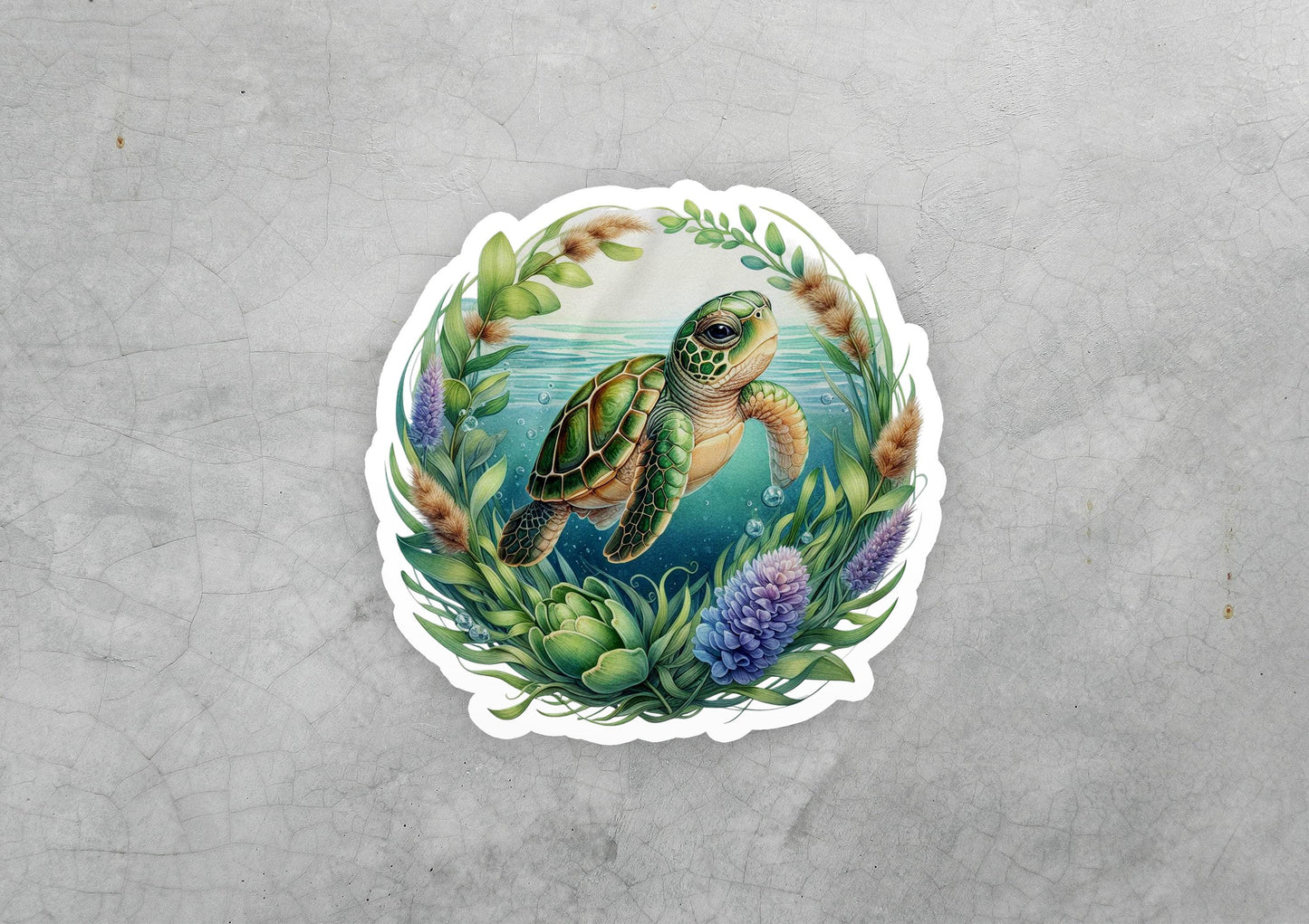 a sticker of a turtle swimming in the ocean