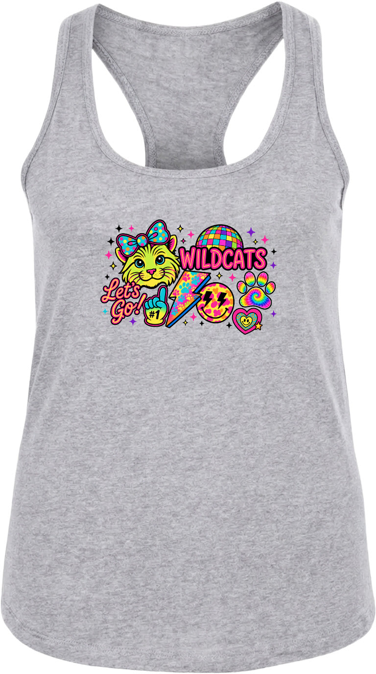 A gray tank top with a colorful graphic design featuring a cat, a peace sign, and the text "Wildcats" along with a rainbow-colored background.