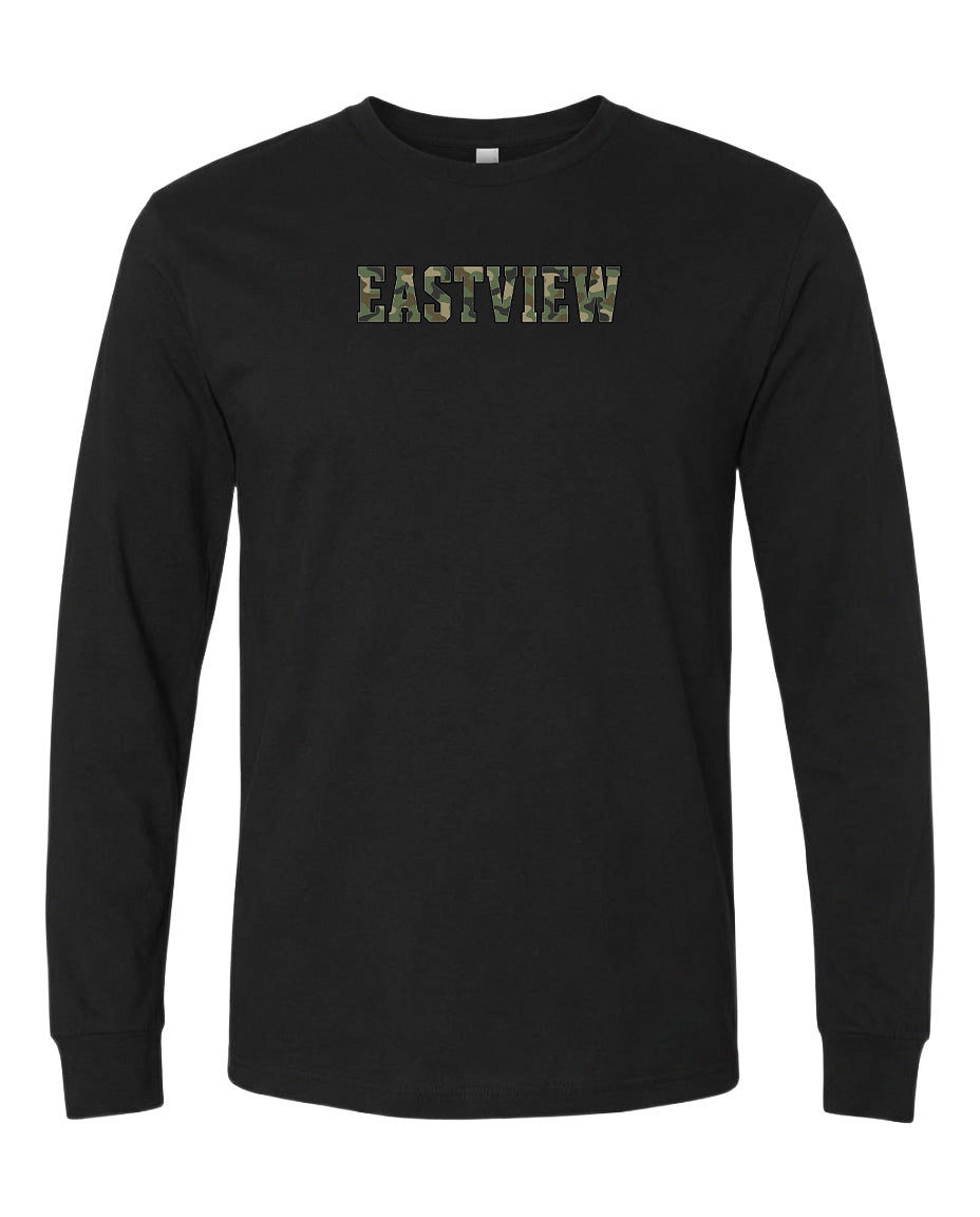 A black long-sleeved t-shirt with the word "EASTVIEW" printed on it in a camouflage pattern.