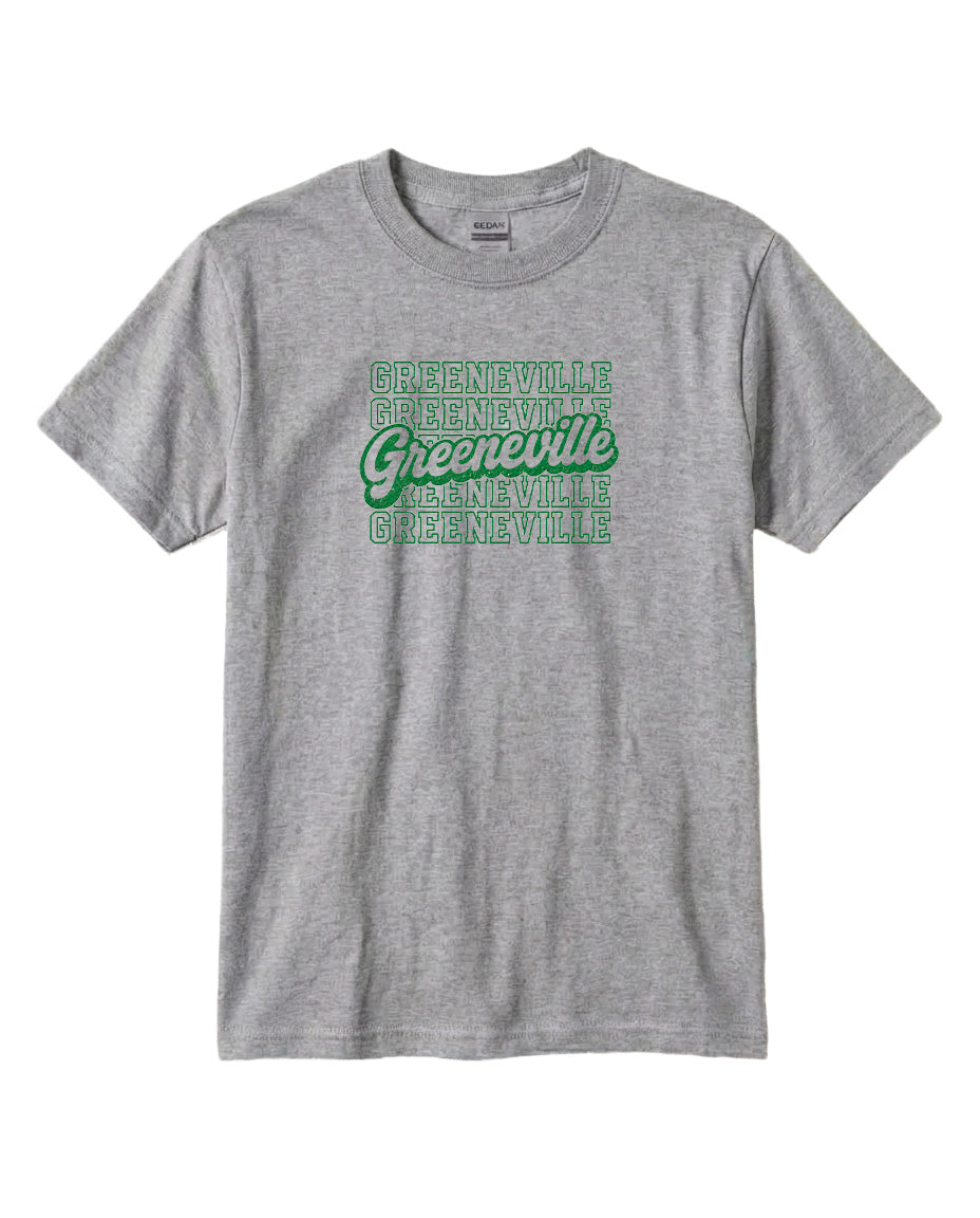 A gray t-shirt with the text "Greenville" printed in green on it.