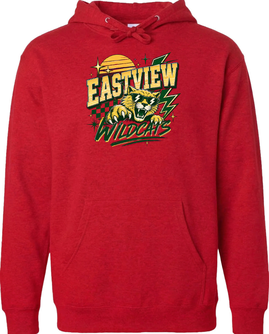 A red hoodie with a graphic design featuring a tiger and the text "EASTVIEW WILDCATS" printed on it.