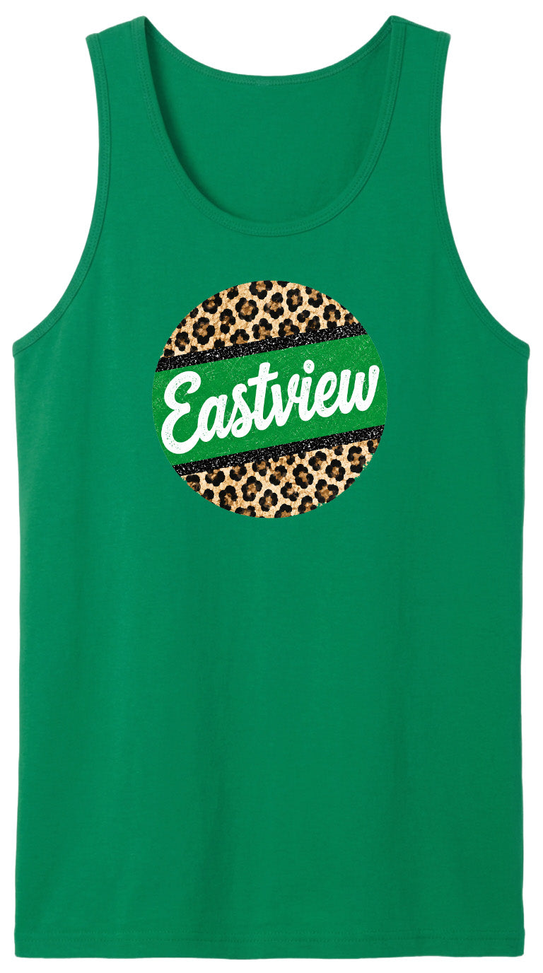 A green tank top with a leopard print design and the word "Eastview" printed on it.