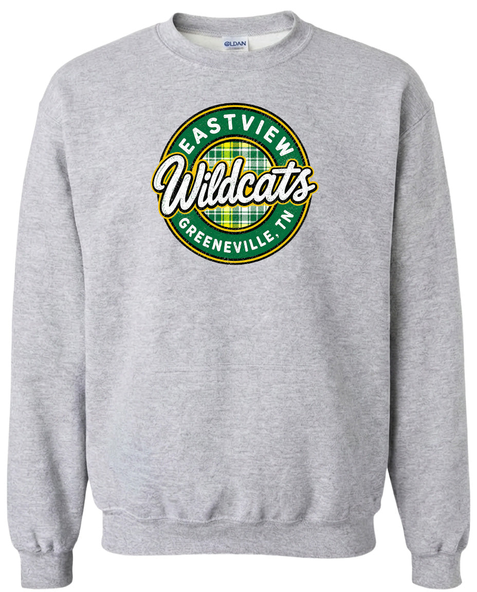 A gray sweatshirt with a circular logo on the front.