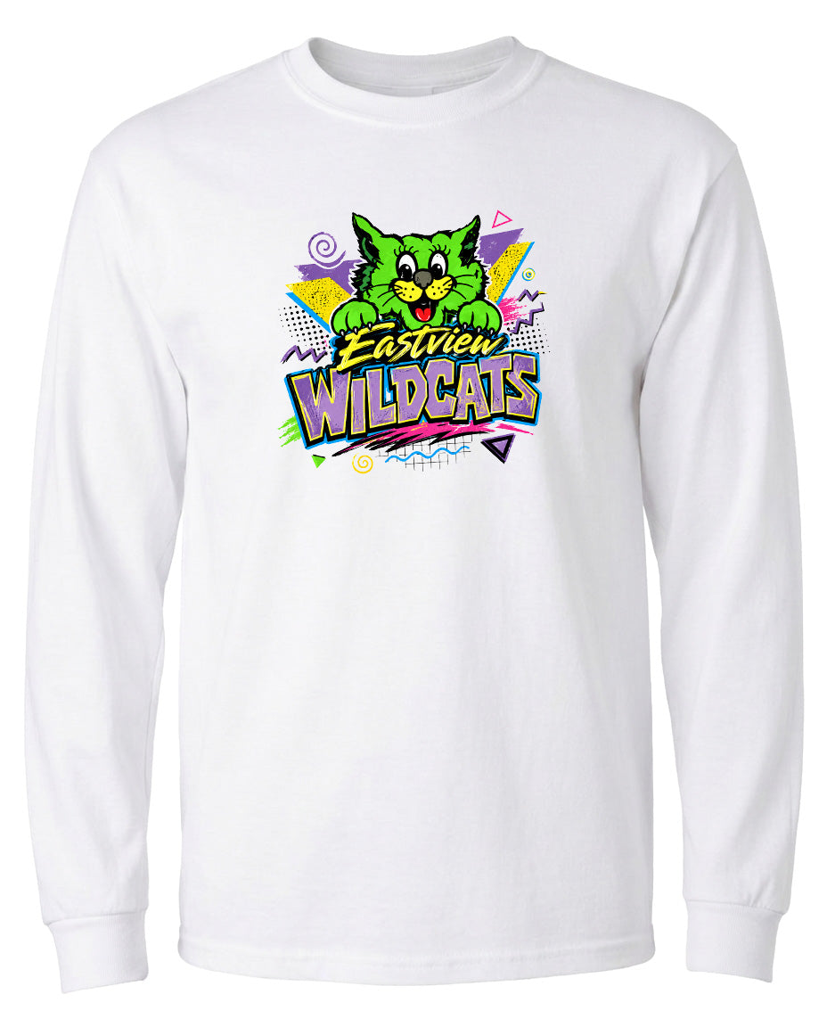 A white long-sleeved t-shirt with a colorful graphic design featuring a cartoon cat and the text "Easton Wildcats".