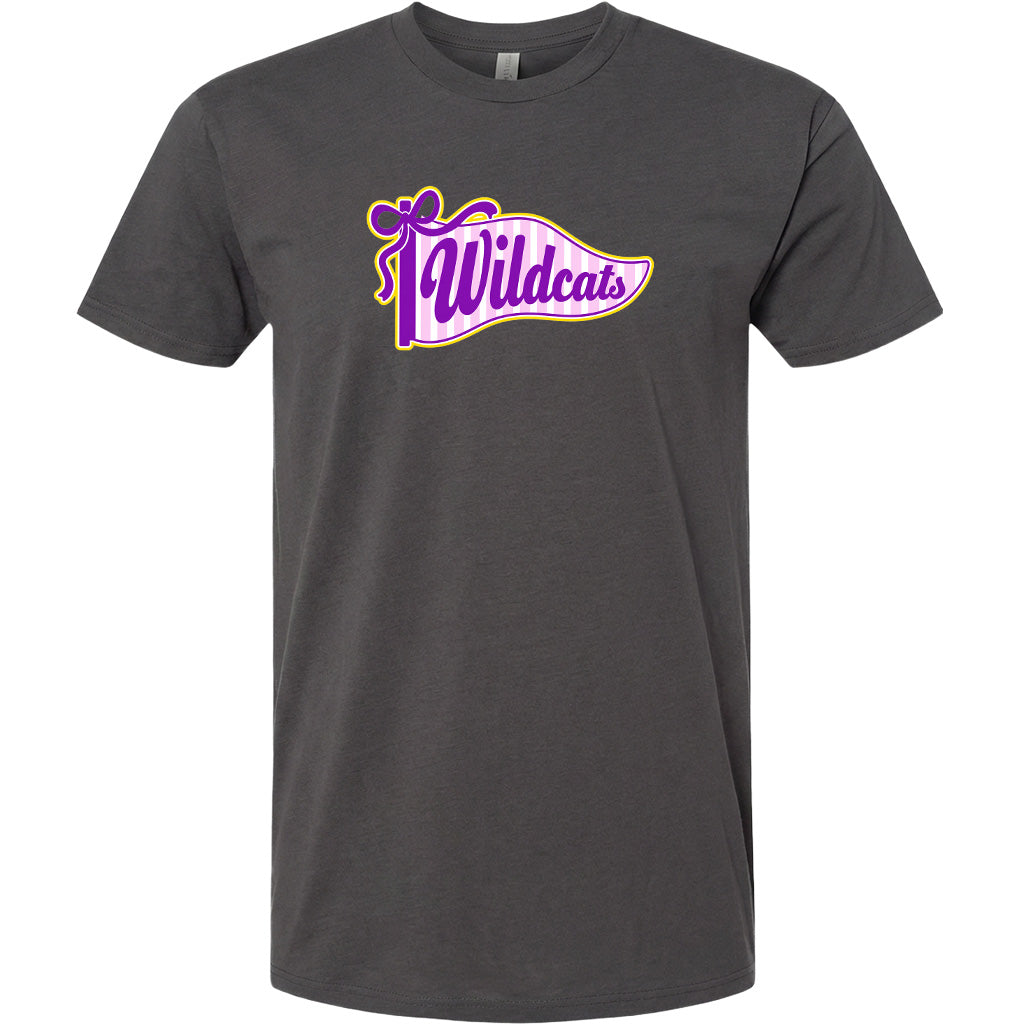 A gray t-shirt with a graphic design featuring the text "Wildcats" in purple and yellow colors.